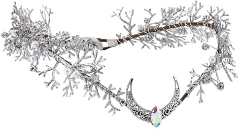 MOSTORY Mittelalter Elfenkrone für Damen Renaissance Cosplay, Silberner Feenkrone Tiara mit Mond und Blättern für Cosplay Karneval Fotoshooting