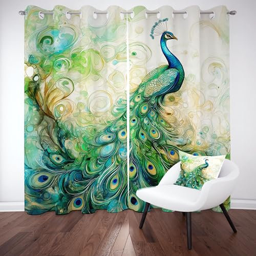 Dpvbffx Art Pfau Vorhang mit Ösen 2er Set, Abstrakte Feder Blackout Curtain Lärmschutzvorhang, Exotisch Vogel Tiermotiv Gardinen Blickdicht 180 cm Lang 70 cm Breit fur Schlafzimmer Wohnzimmer