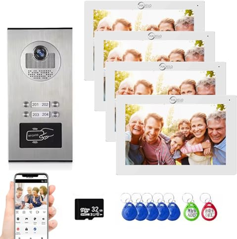 Interphone vidéo 4 Fils pour Appartement, 2/3/4/6/8/10/12 unités,Moniteur 7 Pouces 1080P,déverrouillage 3 en 1, interphone 2 Voies,détection de Mouvement pour Villa,Tuya (1 Sonnette + 4 Moniteur)