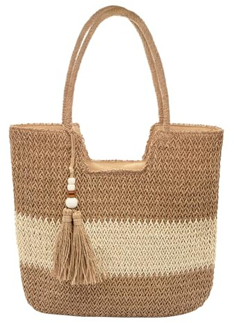 Long Keeper Women Beach Bag Large Weave Tote Bags Straw Zipped Shoulder Bag Boho Casual Summer Beach Bag Straw Bags for Travel Vacation Shopping Picnic (Khaki with Tassel)