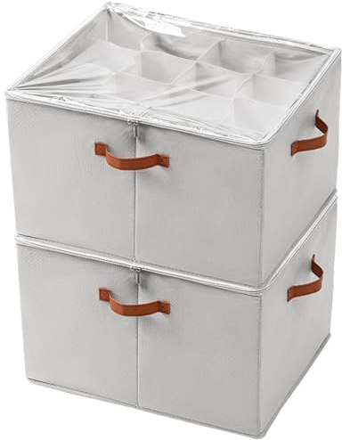 Creahaus Mehrzweck Schuhorganizer mit transparentem Deckel, 32 Fächer Schuh Organizer Behälter mit 3 Griffen, faltbarer schuhboxen, Schuhbox zur Schuhaufbewahrung, Sandalen, Kinderschuhe (Grau)