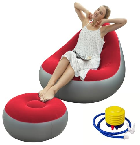 Shyllin Divano ad aria, divano da campeggio con poggiapiedi, divano gonfiabile, poltrona gonfiabile, poltrona gonfiabile, poltrona da piscina, airlounge, pouf da esterno, per campeggio, casa (2, rosso