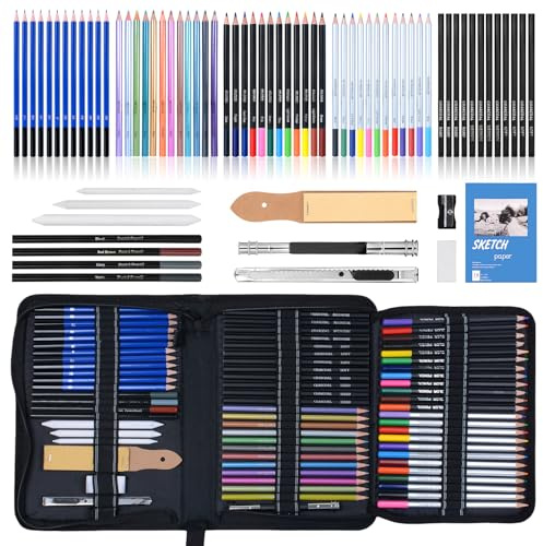 Ninonly 73Stück Zeichenzubehör Zeichenstifte Professionell Set mit Skizzenbuch,Graphit,Kohle, Bunt,Metallic,Kohle und Aquarellstiften Zeichenset für Erwachsene Jugendliche und Anfänger