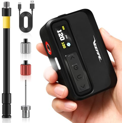 VEEAPE Surper Powerful Mini Bike Tire Pump - Max 120PSI Portable Electric Bicycle Air Pump with Fast Inflation Auto Stop - Bicycle Inflator with Presta and Schrader Valve for Bicycles E-Bikes Balls