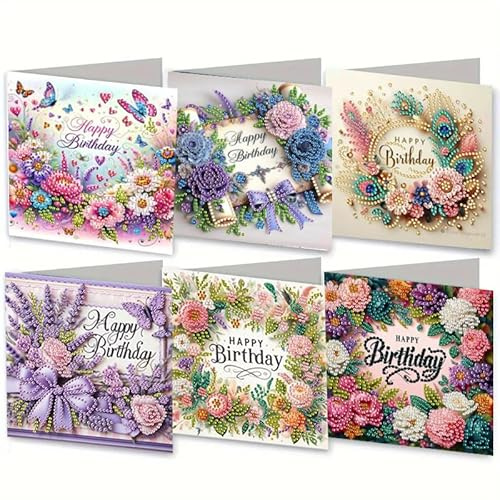 Twinice Diamond Painting Set di 6 biglietti di auguri di compleanno con diamanti per amici, familiari, fai da te, fai da te, con busta, set di biglietti di auguri con diamanti 5D