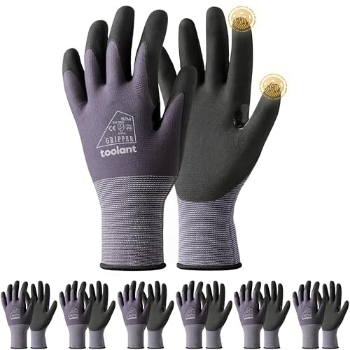 toolant Work Gloves MicroFoam Nitrile Coated, Breathable Nylon Safety Gloves with Stretchy Fit, Firm Grip & Touch-Screen Compatible, Ideal for Gardening, Automotive, Warehouse, Gray(M, 6 Pairs)