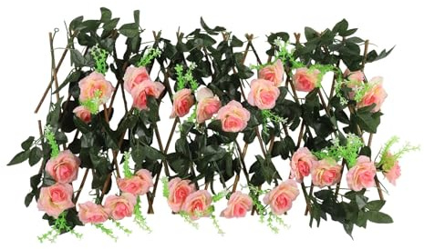 Wodsty Recinzione regolabile in legno per uso esterno – Schermo espandibile da giardino con finte viti e fiori, per cortile, parete o scale dorazione