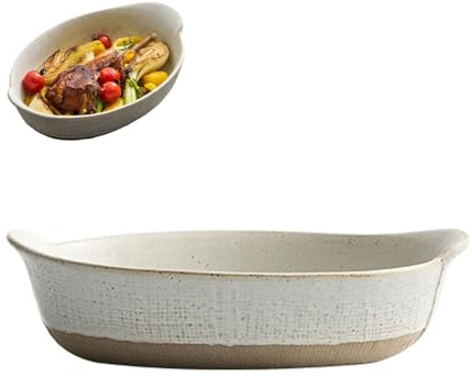 Fuente for hornear de cerámica de doble asa, temperatura Bandeja for hornear retro Utensilios for hornear de doble asa Plato de lasaña for horno, Cazuelas al horno con queso(White,1000ml)