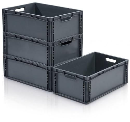 RODOPI 4x Eurobox 60x40x22 cm, stapelbar, graue Transportbox aus PP-Kunststoff, Eurobehälter mit 2 Grifföffnungen, Aufbewahrungsbox für Lager, Werkstatt, Haushalt
