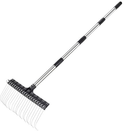 Rasenrechen Verstellbar 98-160cm - Federstahl für Moos & Laub, Verstellbarer Gartenrechen Rückenschonend, Profis Laubrechen für Rasenpflege & Mulch, Metall Laubbesen, Robust