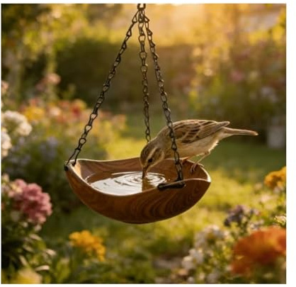 Vogeltränke Hängend & Vogelbad für Wildvögel – Frostsicher & Wetterfest – Dekorative Futterstation für Garten, Balkon & Terrasse – Vogelfutterhaus aus Holz mit Stabiler Kette