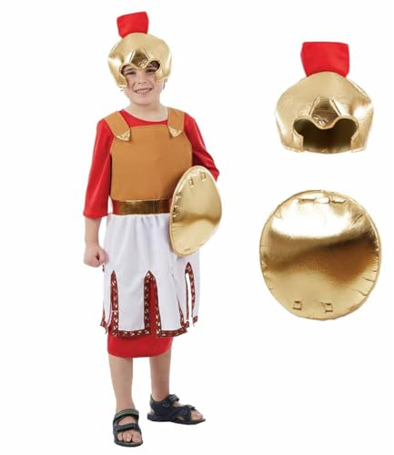 Fun Shack Gladiator Kostüm Jungen, Römisches Halloween Kostüm Jungen | Tunika, Rüstung, Schutzschild & Helm, Rot-goldenes Design, Zum Überziehen, Perfekt für Halloween, Ideal für Rollenspiele