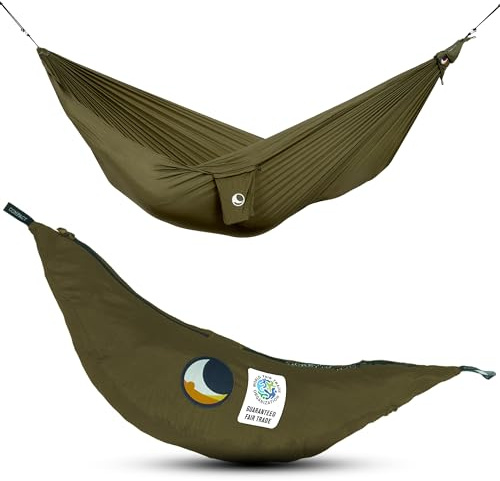 Ticket to the Moon Fair Trade & Artisanal Compact-Hamac Vert Militaire pour Voyages, Camping, Jardin, Maison, 3.2 * 1.55m, 480g, Durable Nylon en Soie De Parachute, Installation < 1min