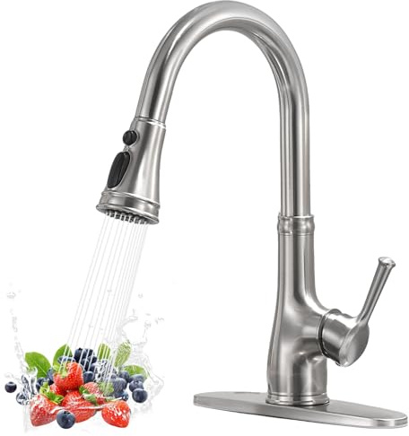 WEWE Vintage Kitchen Faucet with Pull Down Sprayer, Stainless Steel 1 or 3 Hole High Arc Single Handle Antique Sink Faucet for Classic Modern Ktichen, Brushed Nickel Bar & Prep Sinks
