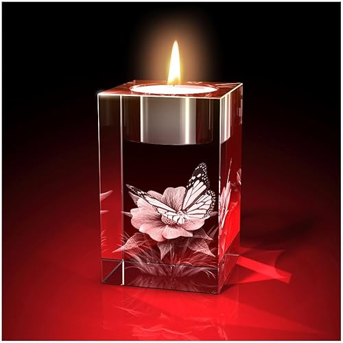 GLASFOTO.COM, Blume Schmetterling Teelichthalter, 50 x 80 x 50 mm, Kristallglas 3D Innengravur in Premiumqualität