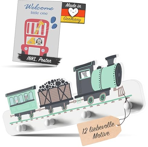 Kindsblick® Lokomotive Kindergarderobe in Mintgrün inkl. niedlichem A4 Poster - Garderobe Kinder Edition mit 4 Haken - Wunderschöne Kinder Garderoben Deko - Kindergarderobe Maße (38 x 15 x 1 cm)
