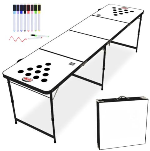 MYBEERPONG® DIY Bier-Pong Tisch + 6 Bier-Pong Bälle + 8 Bunte Stifte | Weißes Beer-Pong Set mit schwarzem Gestell | Beer-Pong für Party, Trinkspiel & Festival | Party Zubehör zum Selbstgestalten