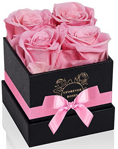 UFOREVER ROSES 4-Piece Preserved Roses in a Box, Preserved Flowers, Roses Gift for Her, Pink