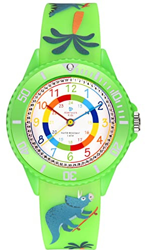 Alienwork Kids Dino T-Rex Reloj de Aprendizaje Infantil Niño Niña Verde Pulsera de Silicona Abigarrado niños Impermeable 5 ATM Tiempo de Aprender