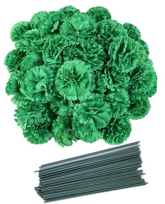 Juego de 50 cabezas de clavel de seda artificial con tallos, ramillete de muñeca hecho a mano, cabezas de pétalos múltiples de 3 pulgadas y tallos de 8 pulgadas (verde oscuro)