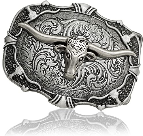 RechicGu Western Cowboy Gürtelschnalle, Lange Horn Bull und Running Horse Belt Buckles Cool Birthday Party Geschenk für Männer Frauen, 2 Stile, Silberfarbener Bullenkopf, Medium