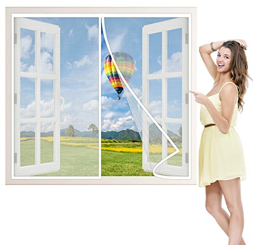 Fliegengitter Insektenschutz, 225x220 cm Fenster Rollo Insektenschutzrollo Ohne Bohren Kinderleichte Klebemontage, Weiß P