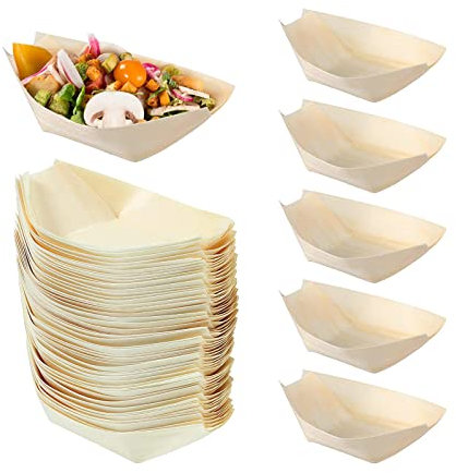 100 Piezas Platos Desechable 17 cm Cuencos de Postre de Aperitivo Desechables Forma de Barco Cuenco Madera platos desechables para guardar aperitivos biodegradables, vajilla ecológica desechable