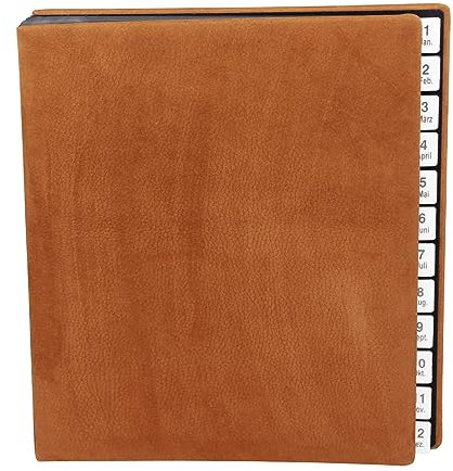 Pultordner aus Nubukleder in Cognac, Register 1-12 (Jan.-Dez.), passend für DIN A4, Softcover mit dehnbarem Rücken, Prägung auf Anfrage