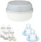 MAM Microwave Steam Steriliser (Grey) + MAM Feed and Soothe Bottle Set Complete withSoothers + MAM Teats Size 1, Suitable for Newborns, Slow Flow SkinSoft Silicone Teats for Baby Bottles
