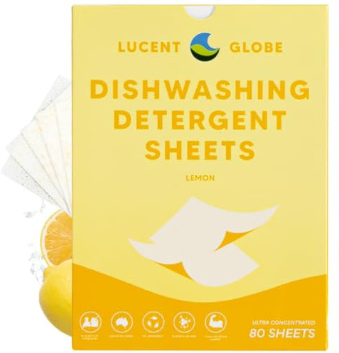 Lucent Globe Dishwasher Dishwashing Detergent Sheets, 80 Washes, Dishwashing Tablets Alternative. Plant-Based, Eco-Friendly, Fully Biodegradable, Lemon Scent & Plastic Free Packaging