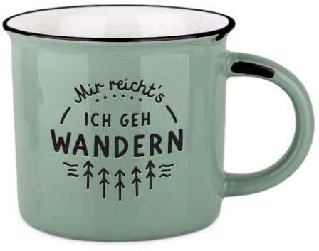 Vintage-Becher aus Keramik im Emaille-Look, Mir reicht's, 400 ml | Mit tiefgeprägtem Schriftzug und Geschenkbox - 39 Designs, spülmaschinen- und mikrowellengeeignet