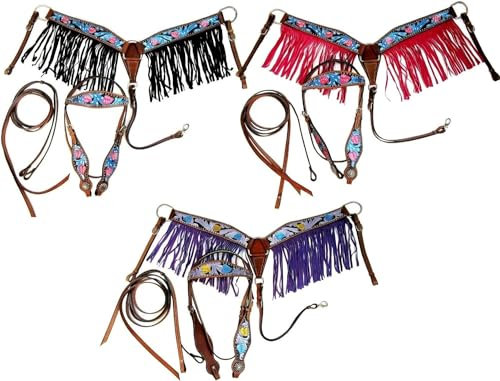 EQUIGEAR Western-Leder-Set mit handgefertigtem Kopfstück und Vorderzeug mit Zügeln. /Size-Full,Cob,Pony AO-0077 (Cob, Pink)