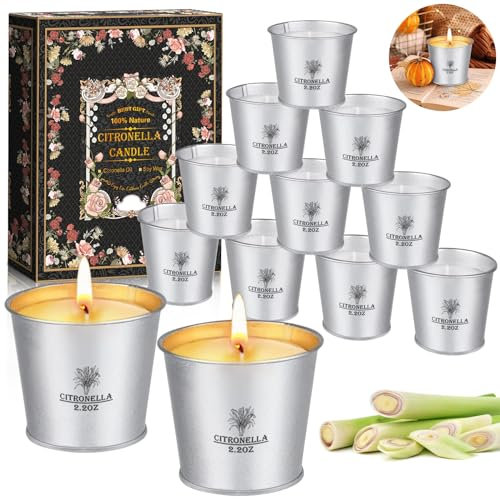GUHAOOL Citronella Outdoor-Kerzen, 12 x 2,2 oz Citronella, Kerzen für den Außenbereich mit natürlichem Sojawachs und Citronella-Ölen, für den Außenbereich, Garten, Camping, Picknick, Brenndauer 120