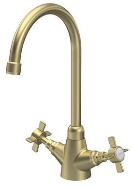 Balterley Kitchen Tap with Dual Crosshead Handles, Mono Kitchen Mixer Tap, Brushed Brass Mono Mixer Taps for Sink, Round Base with Curved Spout Taps for Sink - 180 x 165 x 345mm (Brushed Brass)