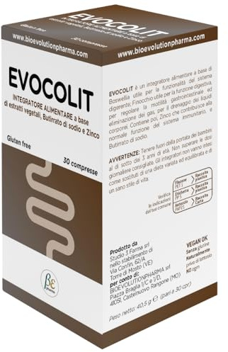 EVOCOLIT - Integratore Alimentare per le Funzioni Digestive, per la Regolare Motilità Intestinale, per Vegani, Senza Glutine e Naturalmente Senza Lattosio, Made in Italy, 30 Compresse