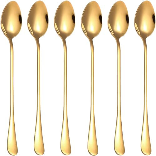 Maestro Craft 6 Pieces Stainless Steel Long Handled Latte Spoons Set, Silverware Tea Coffee Spoon, Cake Dessert Hot Chocolate Sundae, Dishwasher Safe 7.5in (Gold)