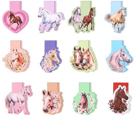 24 Stück Magnetische Lesezeichen Pferde - Bunte Pferde Buchzeichen für Kinder und Erwachsene, Praktische Magnet Buchmarken für Schule, Büro, Lesen, Geschenke und Mitgebsel