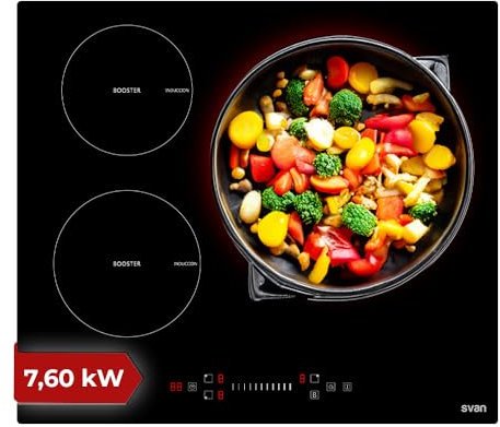 Svan Placa de Inducción Cristal negro SI3600S. Potencia máx. 7600 W, 3 Zonas de Cocción, 9 Niveles de Cocción, Control Slider táctil, Función Turbo, Bloqueo y Autodesconexión de Seguridad