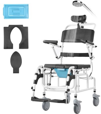 VEVOR Fauteuil roulant de douche, 440 mm, fauteuil roulant de salle de bain en alliage d'aluminium, capacité de charge 136 kg, chaise de douche roulante réglable avec frein pour adultes handicapés
