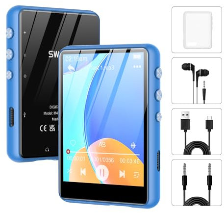 SWOFY 64GB MP3 Player Bluetooth 5.3, 2,4-Zoll Touchscreen Mini MP3 MP4 Player Portable, HiFi Musik Player Kinder mit Lautsprecher FM Radio, Unterstützt Bis Zu 128GB (Blau)