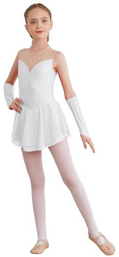 Sxiwei Kinder Mädchen Eiskunstlauf Kleid Glitzernden Strass Ballettkleid Ballett Kürkleider Ärmellose Tanzkleid mit Handschuhen Weiß 158-164