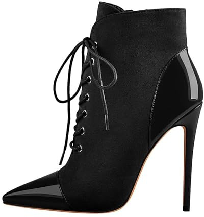 blingqueen Damen Spitze Stiefeletten Ankle Boots mit Stiletto Absatz | Schnürstiefeletten, Kurzschaft Stiefel, Sommerstiefelette, Lack-, Veloursoptik, Passt zu Jeans oder Kleidern