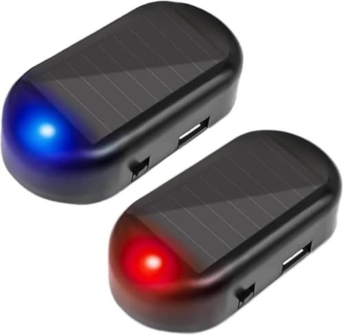 SUAVER 2 Stück Solar Alarmlicht Blinkend Anti Diebstahl Blinklampe Dummy Auto Alarm Lampe Anti-diebstahl Blinkende Diebstahlsicherheitslicht mit USB-Anschluss (Rot + Blau)