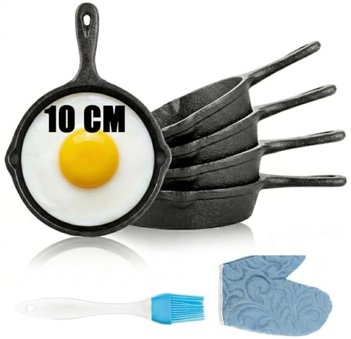 SHUESS 5 Stück 10cm Mini Pfanne Set, Kleine Pfanne Induktion mit Pinsel & Handschuh, Gusseisenpfanne Klein Bratpfannen, Mini Bratpfanne für Spiegelei, Gusseiserne Pfanne für Backofen & Camping