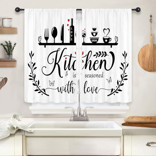 Riyidecor Black White Rustic Kitchen Curtains Short Small Fork Spoon Wine Rod Pocket Herbs Wooden Boart Country Farmhouse Bedroom Living Room Treatment Fabric 2 Panels 27.5Wx39H Inch