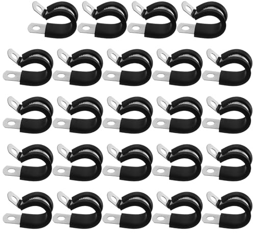 sourcing map 24 Pcs 16mm(5/8) Cable Clamp, 304 Stainless Steel Rubber Coated Cushioned Insulated Cable Clamp R-Tube Strap Clamp for Lines Pipe Hose Wire Cord Installation, Black
