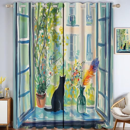 CECE&COLE Tende Semplice Pittura Ad Acquerello Davanzale Gatto Nero Modello Opaco con Occhielli, Tende Morbide, Set di 2 Tende Oscuranti70L x 235A cm, Tenda Termica Spessa per Camera da Letto