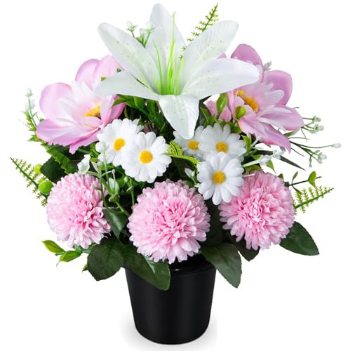 SIFOEL Fiori artificiali per cimitero in vaso, crisantmi artificiali con vaso, fiori commemorativi per tombe funerarie, decorazione per cimitero, funerale, esterno (1 pezzo, bianco e rosa)