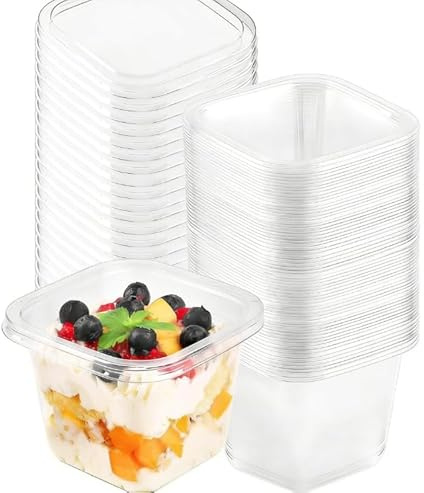 YDAKGUEY Plastic Dessert Cups, 40 Pcs Reusable Clear Cup, Square Bowl with Lids for Pudding Mousse Ice Cream Yogurt and Party Snacks - 10 x 10 x 7cm