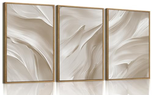 myusuar 3 Piece Large Abstract Framed Wall Art For Living Room, Smoke Texture Ink Beige White Canvas Wall Art Modern Minimalist Art Prints Wall Décor For Bedroom Office 12x16in